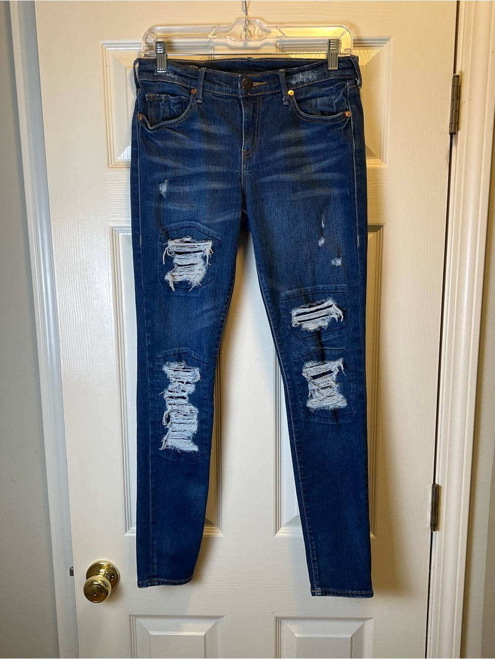TRUE RELIGION Halle Distressed Mid Rise Super Skinny Jeans